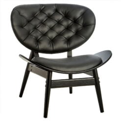 Mid Century Black Faux Leather And Black Elm Wood Tufted Accent Chair With A Curved Seat