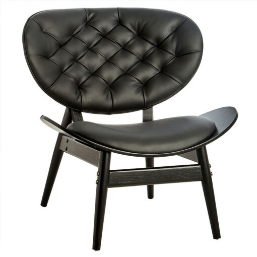 Mid Century Black Faux Leather And Black Elm Wood Tufted Accent Chair With A Curved Seat