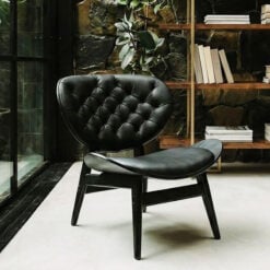 Mid Century Black Faux Leather And Black Elm Wood Tufted Accent Chair With A Curved Seat