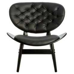 Mid Century Black Faux Leather And Black Elm Wood Tufted Accent Chair With A Curved Seat