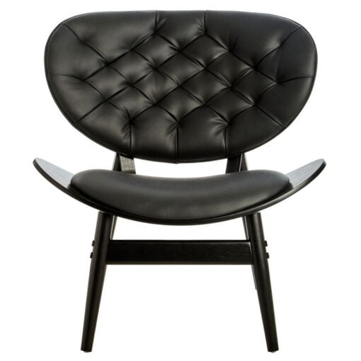 Mid Century Black Faux Leather And Black Elm Wood Tufted Accent Chair With A Curved Seat