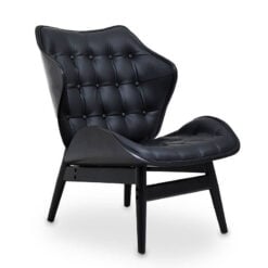 Mid Century Black Faux Leather And Black Wood Tufted Winged Accent Chair With A Curved Seat Mid Century Black Faux Leather And Black Wood Tufted Winged Accent Chair With A Curved Seat