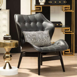 Mid Century Black Faux Leather And Black Wood Tufted Winged Accent Chair With A Curved Seat