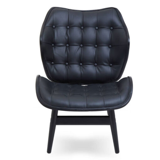 Mid Century Black Faux Leather And Black Wood Tufted Winged Accent Chair With A Curved Seat Mid Century Black Faux Leather And Black Wood Tufted Winged Accent Chair With A Curved Seat