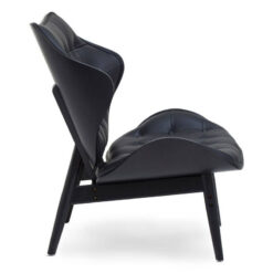 Mid Century Black Faux Leather And Black Wood Tufted Winged Accent Chair With A Curved Seat Mid Century Black Faux Leather And Black Wood Tufted Winged Accent Chair With A Curved Seat