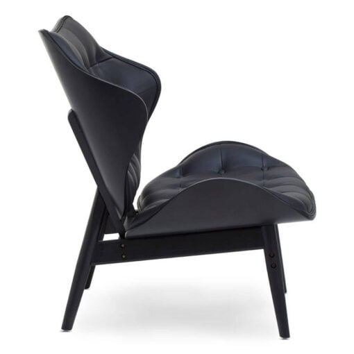 Mid Century Black Faux Leather And Black Wood Tufted Winged Accent Chair With A Curved Seat Mid Century Black Faux Leather And Black Wood Tufted Winged Accent Chair With A Curved Seat