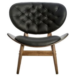 Mid Century Black Faux Leather And Elm Wood Tufted Accent Chair With A Curved Seat