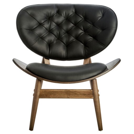 Mid Century Black Faux Leather And Elm Wood Tufted Accent Chair With A Curved Seat