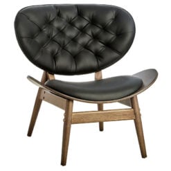 Mid Century Black Faux Leather And Elm Wood Tufted Accent Chair With A Curved Seat