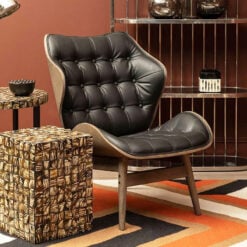 Mid Century Black Faux Leather And Light Wood Tufted Winged Accent Chair With A Curved Seat