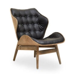 Mid Century Black Faux Leather And Light Wood Tufted Winged Accent Chair With A Curved Seat Mid Century Black Faux Leather And Light Wood Tufted Winged Accent Chair With A Curved Seat