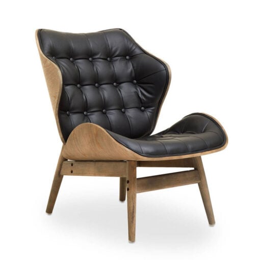 Mid Century Black Faux Leather And Light Wood Tufted Winged Accent Chair With A Curved Seat Mid Century Black Faux Leather And Light Wood Tufted Winged Accent Chair With A Curved Seat