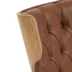 Mid Century Brown Faux Leather And Light Wood Tufted Winged High Back Accent Chair With A Curved Seat