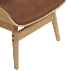 Mid Century Brown Faux Leather And Light Wood Tufted Winged High Back Accent Chair With A Curved Seat