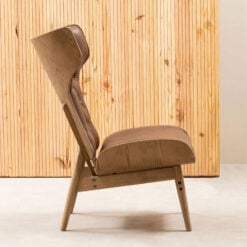 Mid Century Brown Faux Leather And Light Wood Tufted Winged High Back Accent Chair With A Curved Seat