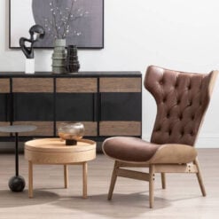 Mid Century Brown Faux Leather And Light Wood Tufted Winged High Back Accent Chair With A Curved Seat
