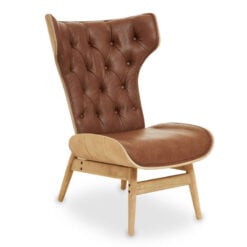 Mid Century Brown Faux Leather And Light Wood Tufted Winged High Back Accent Chair With A Curved Seat