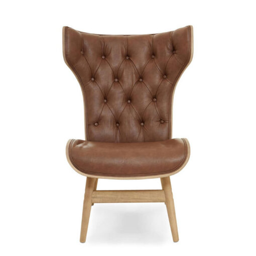Mid Century Brown Faux Leather And Light Wood Tufted Winged High Back Accent Chair With A Curved Seat