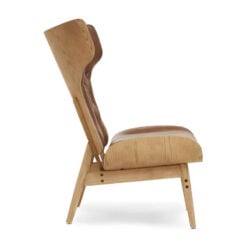Mid Century Brown Faux Leather And Light Wood Tufted Winged High Back Accent Chair With A Curved Seat