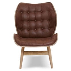 Mid Century Brown Faux Leather And Wood Tufted Winged Accent Chair With A Curved Seat Mid Century Brown Faux Leather And Wood Tufted Winged Accent Chair With A Curved Seat