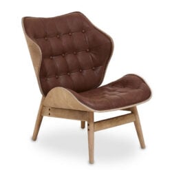 Mid Century Brown Faux Leather And Wood Tufted Winged Accent Chair With A Curved Seat