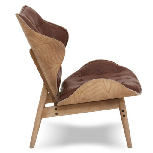 Mid Century Brown Faux Leather And Wood Tufted Winged Accent Chair With A Curved Seat Mid Century Brown Faux Leather And Wood Tufted Winged Accent Chair With A Curved Seat