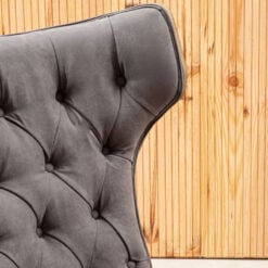 Mid Century Grey Velvet And Light Wood Tufted Winged High Back Accent Chair With A Curved Seat Mid Century Grey Velvet And Light Wood Tufted Winged High Back Accent Chair With A Curved Seat