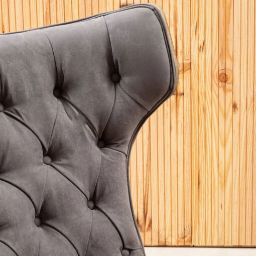 Mid Century Grey Velvet And Light Wood Tufted Winged High Back Accent Chair With A Curved Seat Mid Century Grey Velvet And Light Wood Tufted Winged High Back Accent Chair With A Curved Seat
