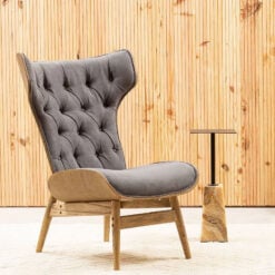 Mid Century Grey Velvet And Light Wood Tufted Winged High Back Accent Chair With A Curved Seat