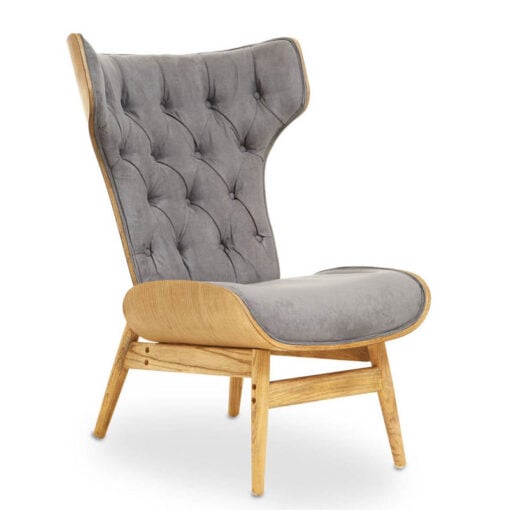 Mid Century Grey Velvet And Light Wood Tufted Winged High Back Accent Chair With A Curved Seat Mid Century Grey Velvet And Light Wood Tufted Winged High Back Accent Chair With A Curved Seat