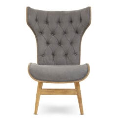 Mid Century Grey Velvet And Light Wood Tufted Winged High Back Accent Chair With A Curved Seat Mid Century Grey Velvet And Light Wood Tufted Winged High Back Accent Chair With A Curved Seat