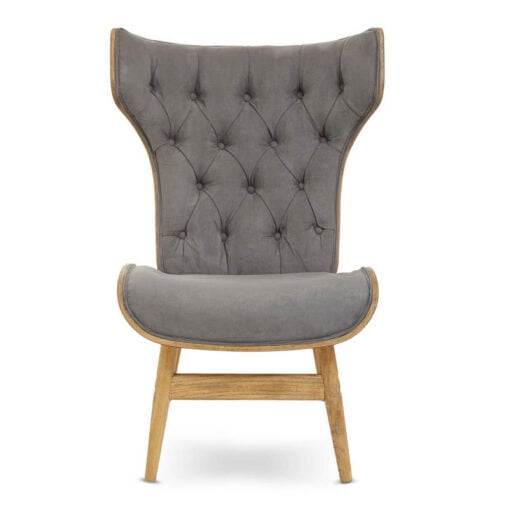 Mid Century Grey Velvet And Light Wood Tufted Winged High Back Accent Chair With A Curved Seat Mid Century Grey Velvet And Light Wood Tufted Winged High Back Accent Chair With A Curved Seat