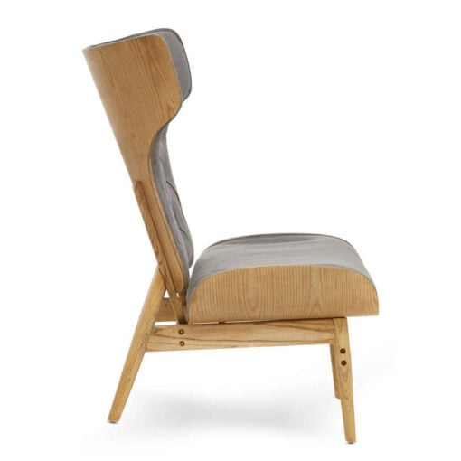 Mid Century Grey Velvet And Light Wood Tufted Winged High Back Accent Chair With A Curved Seat Mid Century Grey Velvet And Light Wood Tufted Winged High Back Accent Chair With A Curved Seat