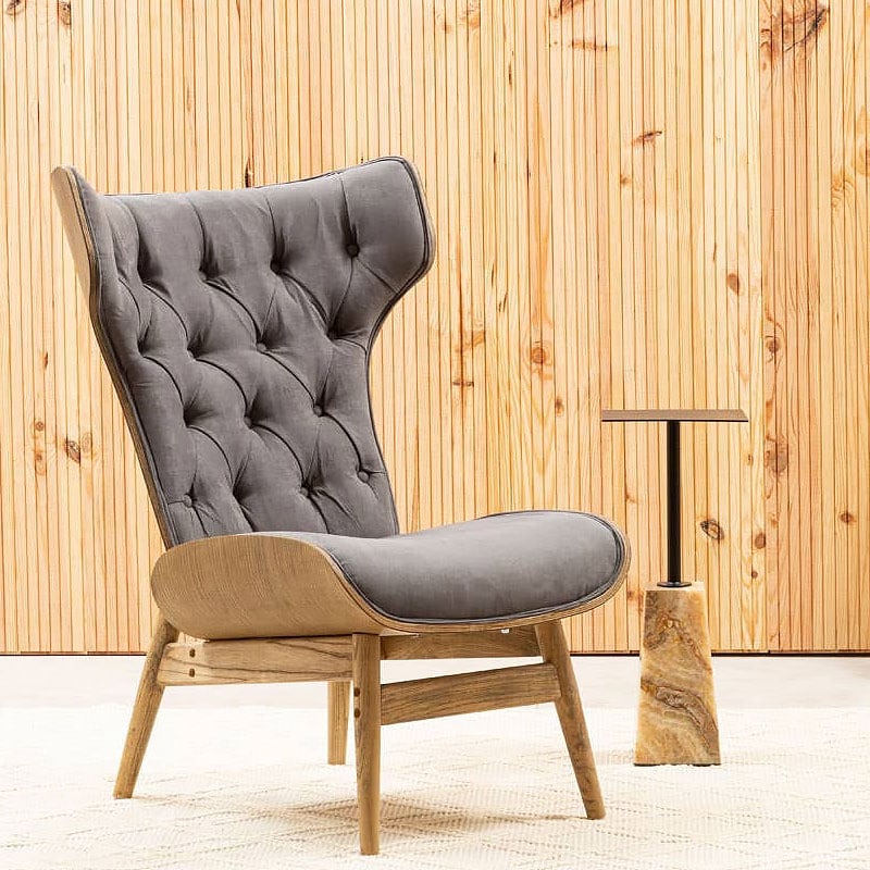 Mid Century Grey Velvet And Light Wood Tufted Winged High Back Accent Chair With A Curved Seat Mid Century Grey Velvet And Light Wood Tufted Winged High Back Accent Chair With A Curved Seat
