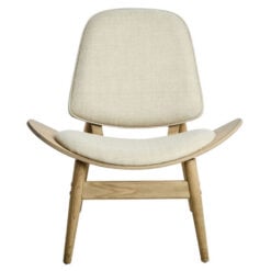 Mid Century Scandi Light Beige Fabric And Light Elm Wood Accent Chair With A Curved Seat