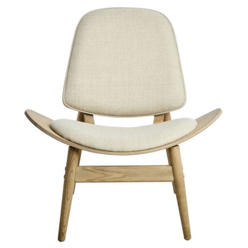 Mid Century Scandi Light Beige Fabric And Light Elm Wood Accent Chair With A Curved Seat