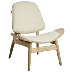 Mid Century Scandi Light Beige Fabric And Light Elm Wood Accent Chair With A Curved Seat
