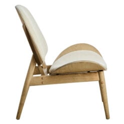Mid Century Scandi Light Beige Fabric And Light Elm Wood Accent Chair With A Curved Seat