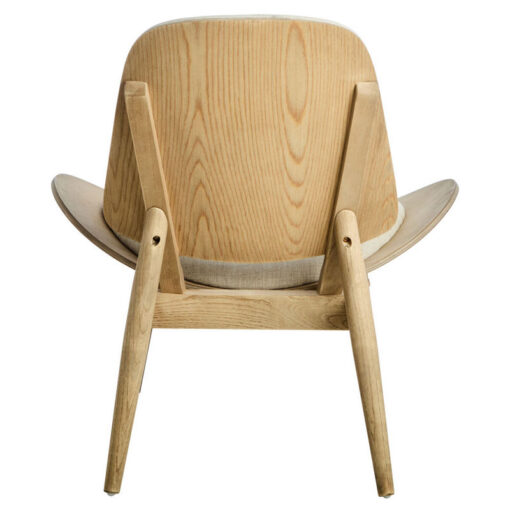 Mid Century Scandi Light Beige Fabric And Light Elm Wood Accent Chair With A Curved Seat