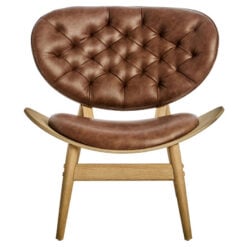 Mid Century Tan Brown Faux Leather And Elm Wood Tufted Accent Chair With A Curved Seat