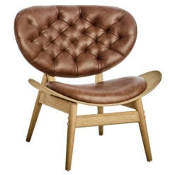Mid Century Tan Brown Faux Leather And Elm Wood Tufted Accent Chair With A Curved Seat