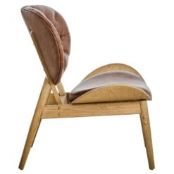 Mid Century Tan Brown Faux Leather And Elm Wood Tufted Accent Chair With A Curved Seat