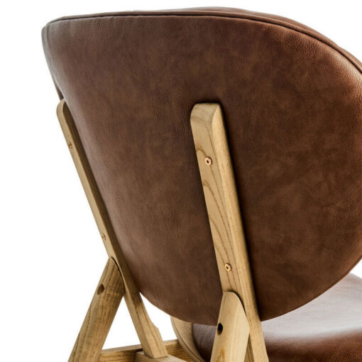 Mid Century Tan Brown Faux Leather And Elm Wood Tufted Accent Chair With A Curved Seat