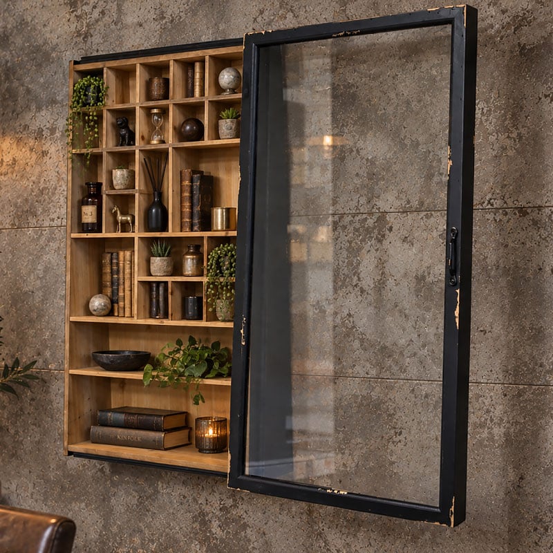 Boho Rustic Angled Solid Distressed Black Fir Wood And Sliding Glass Door Multi Compartment Printers Tray Wall Display Cabinet Wall Shelf 91cm Boho Rustic Angled Solid Distressed Black Fir Wood And Sliding Glass Door Multi Compartment Printers Tray Wall Display Cabinet Wall Shelf 91cm