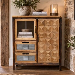 Boho Rustic Industrial 2 Door 2 Drawer Solid Light Wood And Black Small Sideboard Cabinet