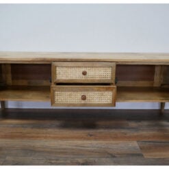 Boho Rustic Japandi Large Curved Solid Light Mango Wood 2 Slatted Doors And 2 Rattan Drawers Low Sideboard TV Stand 180cm Boho Rustic Japandi Large Curved Solid Light Mango Wood 2 Slatted Doors And 2 Rattan Drawers Low Sideboard TV Stand 180cm