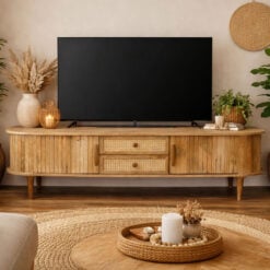 Boho Rustic Japandi Large Curved Solid Light Mango Wood 2 Slatted Doors And 2 Rattan Drawers Low Sideboard TV Stand 180cm