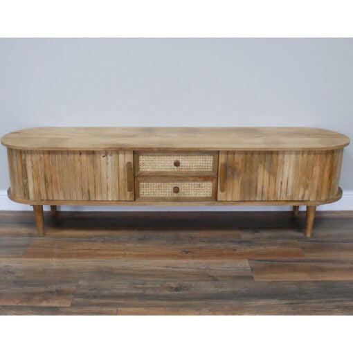 Boho Rustic Japandi Large Curved Solid Light Mango Wood 2 Slatted Doors And 2 Rattan Drawers Low Sideboard TV Stand 180cm Boho Rustic Japandi Large Curved Solid Light Mango Wood 2 Slatted Doors And 2 Rattan Drawers Low Sideboard TV Stand 180cm