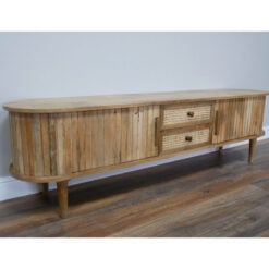 Boho Rustic Japandi Large Curved Solid Light Mango Wood 2 Slatted Doors And 2 Rattan Drawers Low Sideboard TV Stand 180cm Boho Rustic Japandi Large Curved Solid Light Mango Wood 2 Slatted Doors And 2 Rattan Drawers Low Sideboard TV Stand 180cm