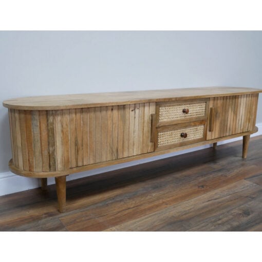 Boho Rustic Japandi Large Curved Solid Light Mango Wood 2 Slatted Doors And 2 Rattan Drawers Low Sideboard TV Stand 180cm Boho Rustic Japandi Large Curved Solid Light Mango Wood 2 Slatted Doors And 2 Rattan Drawers Low Sideboard TV Stand 180cm